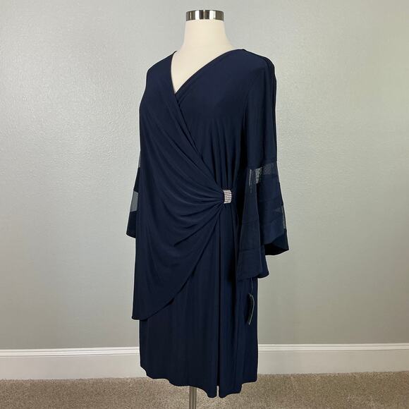 Long Sleeve Beaded Sheath Cocktail Dress Blue Size 18W R&M Richards V-Neck - Picture 2 of 11